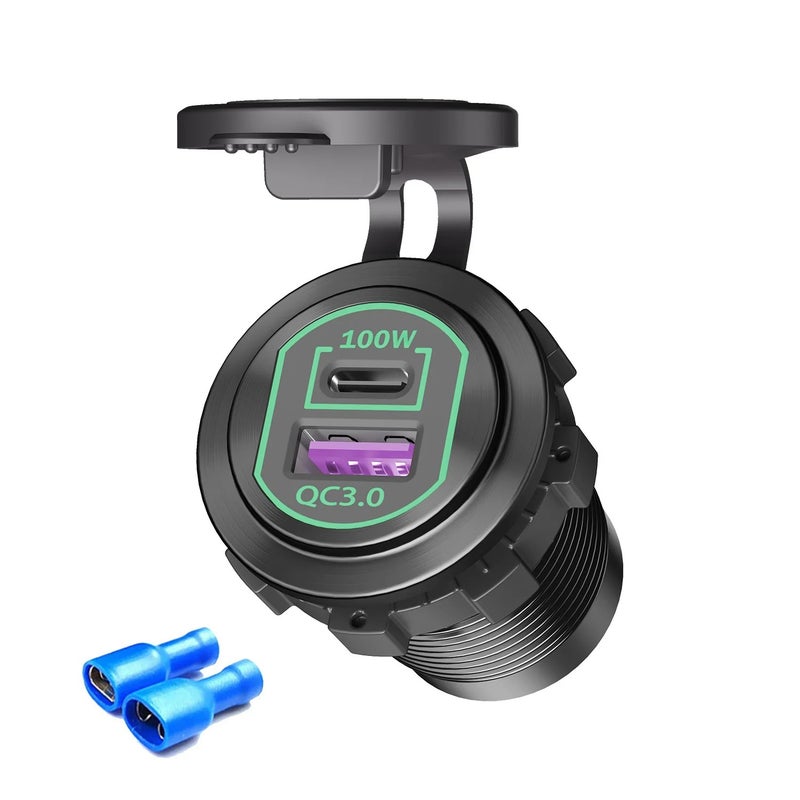 Bluejw 100W Dual USB Car Charger, Fast Charging Type C QC5.0 PD, Waterproof 12-24V PC Material Socket for Automobile, Marine, Boat - Image 1